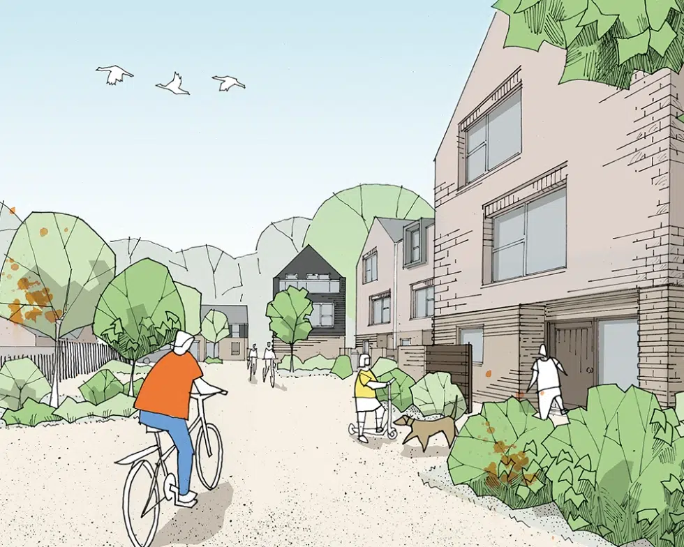 Illustrated community scene with people, buildings, and greenery.