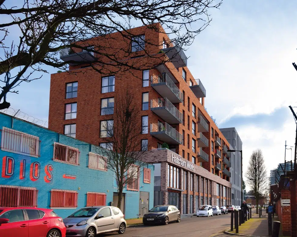 Modern apartment building with street view.